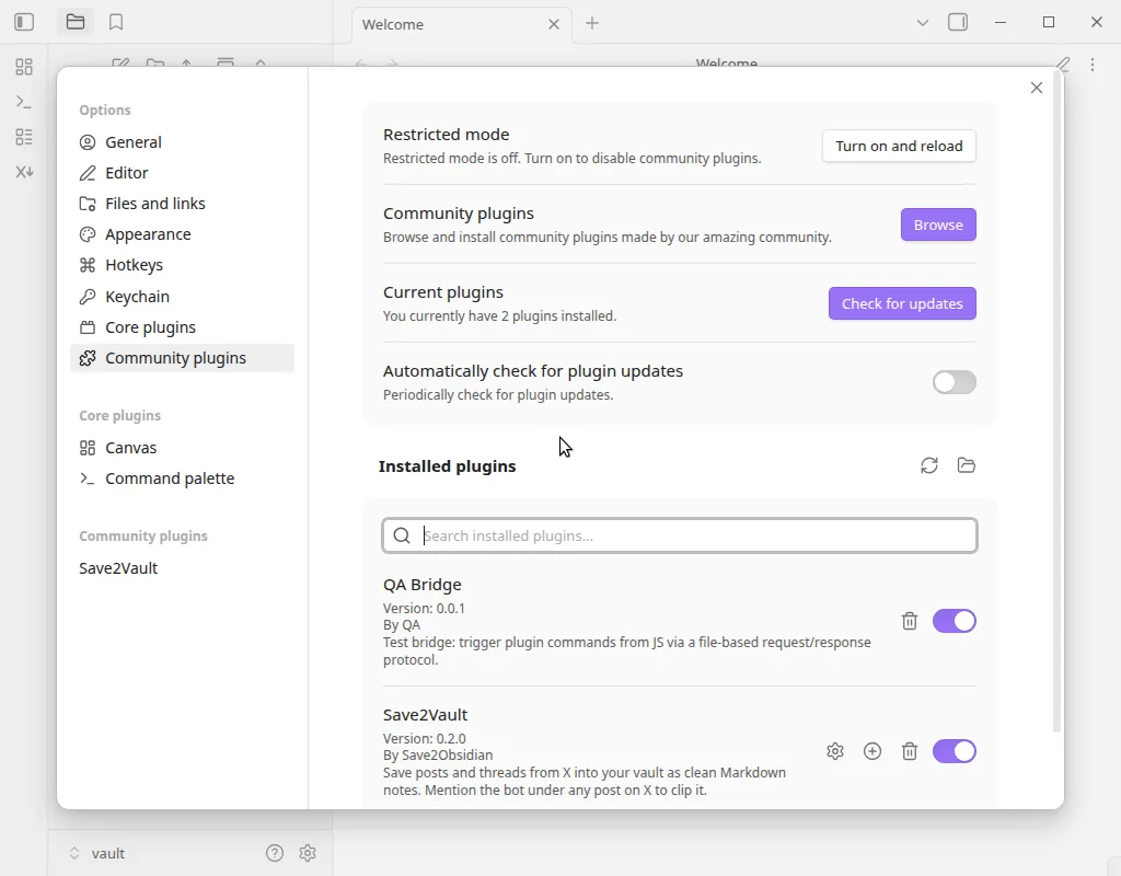 Obsidian Community plugins settings with the Save2Vault plugin installed and enabled