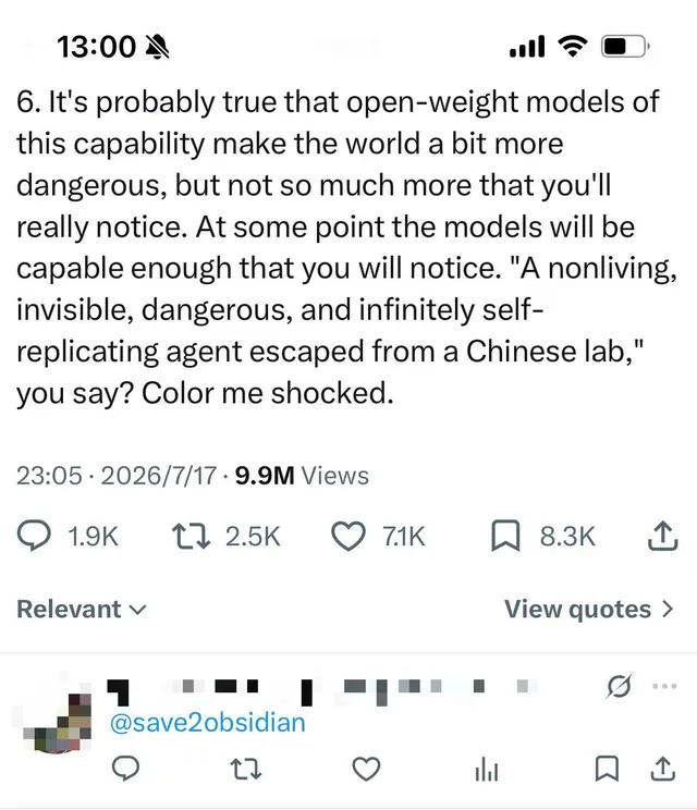 The @save2obsidian reply visible under the X post after sending