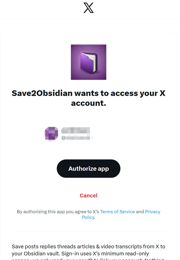 X authorization screen: Save2Obsidian wants to access your X account, with an Authorize app button